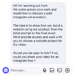 DM asking for a paid Instagram collaboration showing a product's one-prompt result